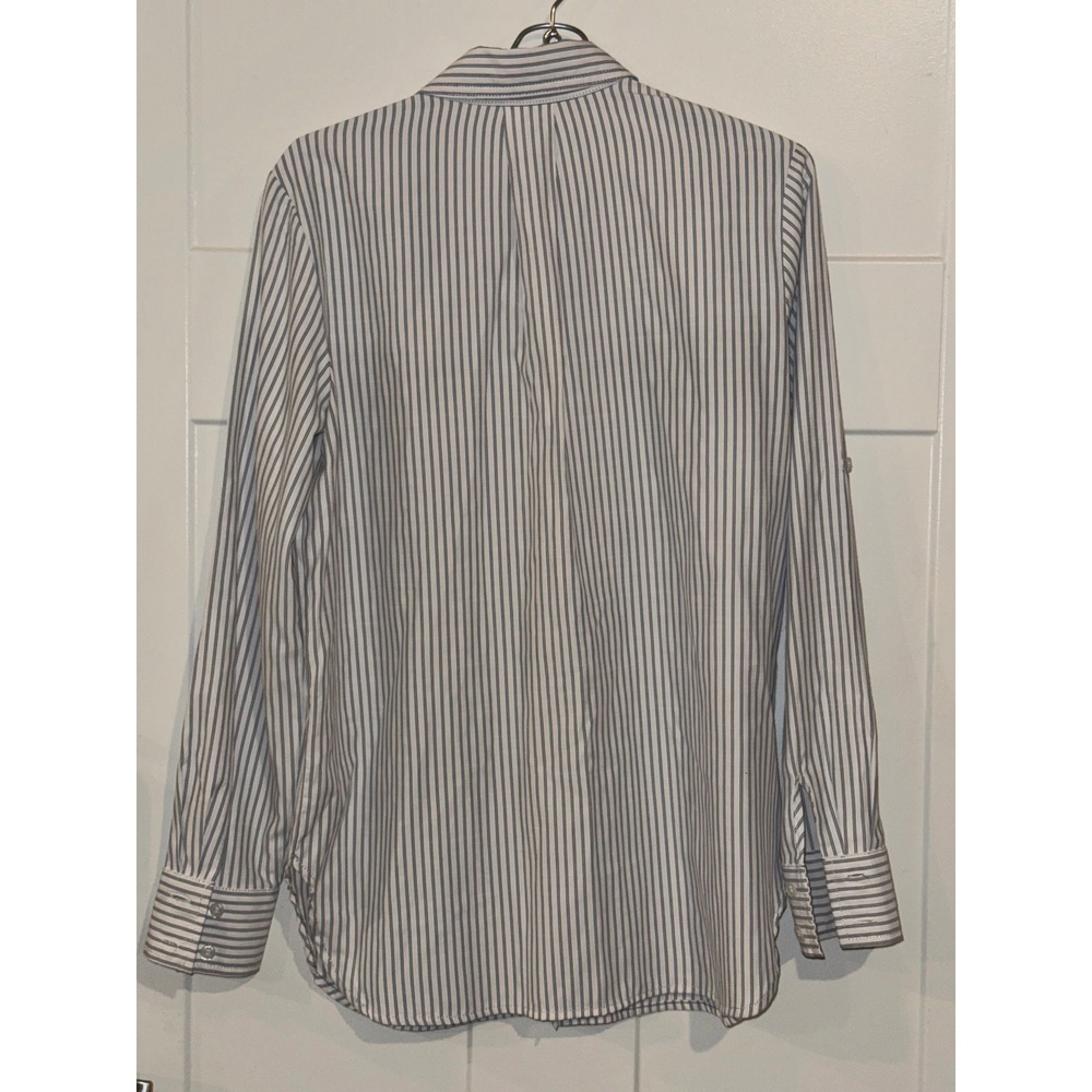 Max Studio London Womens XS Striped Button Down Shirt Roll Tab Sleeve Navy White - Picture 2 of 12